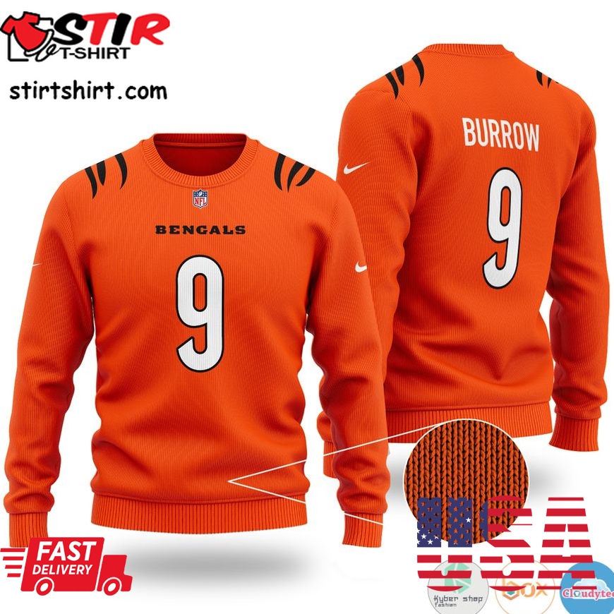 Joe Burrow 9 Cincinnati Bengals Nfl Orange Ugly Christmas Sweater