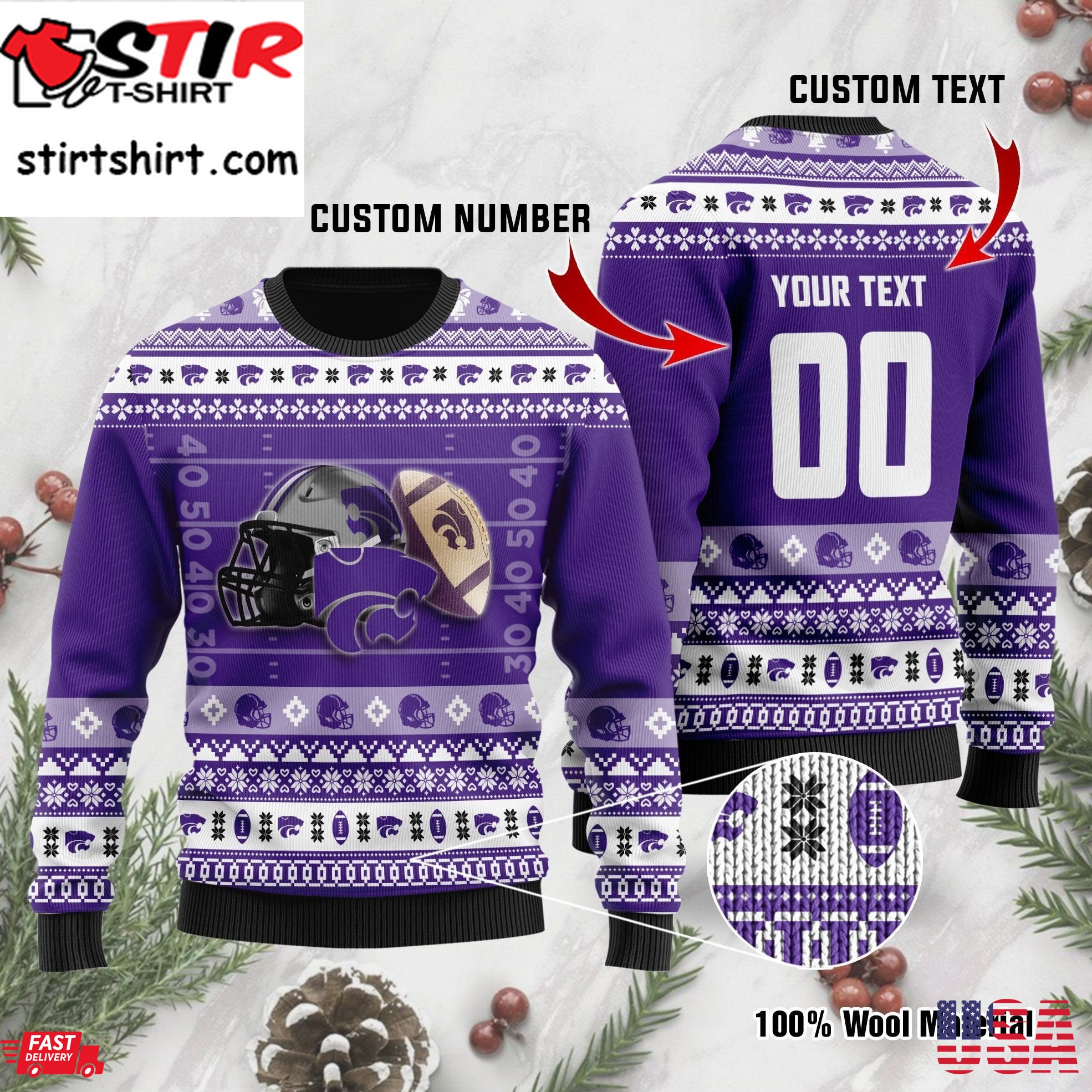 Kansas State Wildcats Custom Name  Number Personalized Ugly Christmas