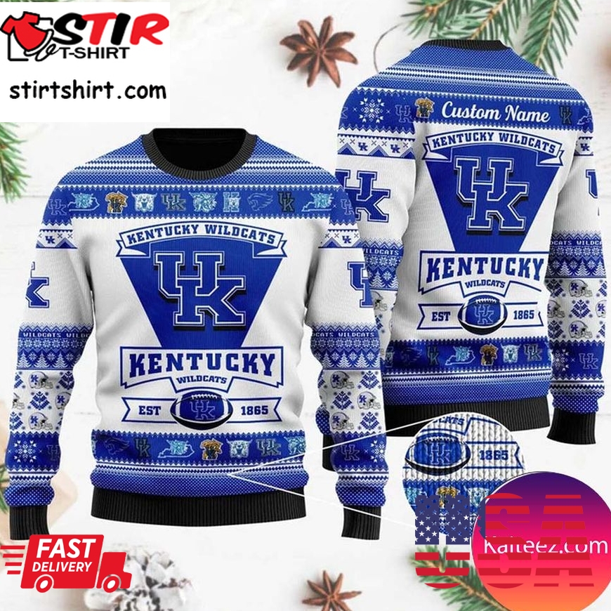 Kentucky Wildcats Football Team Logo Custom Name Personalized Christmas Ugly Sweater