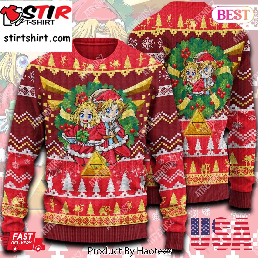 Legend Of Zelda Sweater Chibi Zelda Link Wreath Christmas Ugly Sweater Legend Of Zelda Ugly Sweater 2022