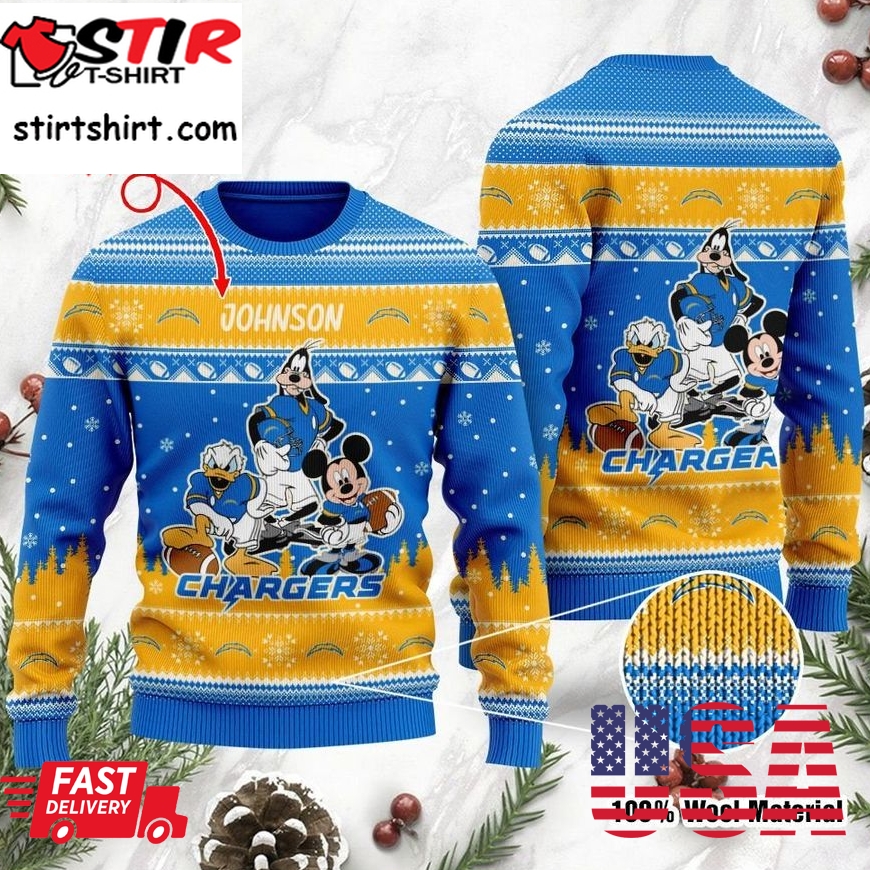 Los Angeles Chargers Disney Donald Duck Mickey Mouse Goofy Personalized Ugly Christmas Sweater, Christmas Sweaters, Hoodie, Sweatshirt, Sweater