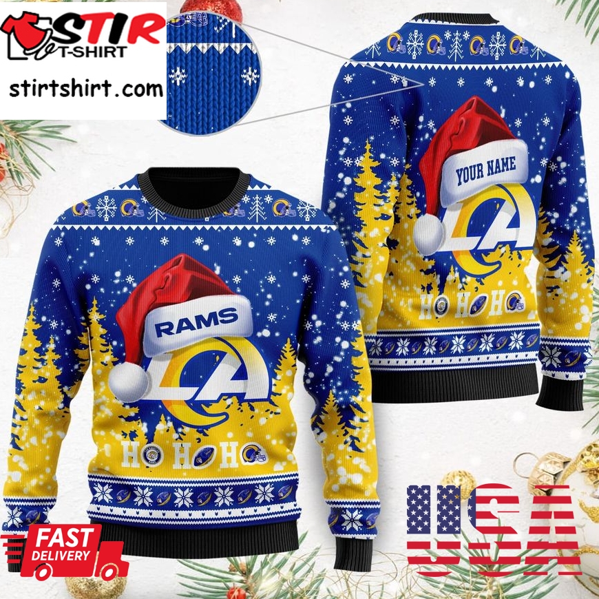 Los Angeles Rams Symbol Wearing Santa Claus Hat Ho Ho Ho Custom Personalized Ugly Christmas Sweater, Christmas Sweaters, Hoodie, Sweatshirt, Sweater