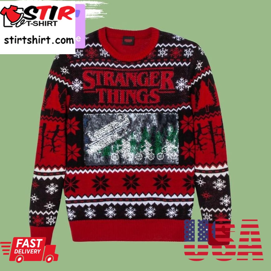 Mens Stranger Things 3D Ugly Christmas Sweatshirt Flip Sequin Holiday Shirt Xmas