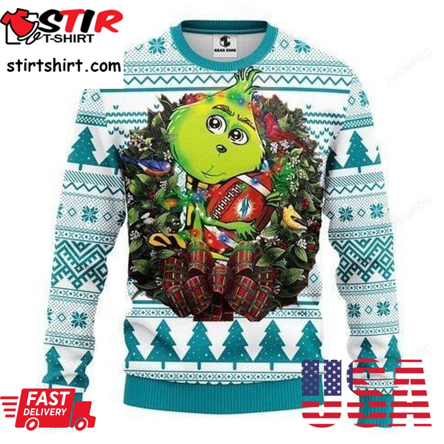 Miami Dolphins Grinch Hug Ugly Christmas Sweater All Over Print