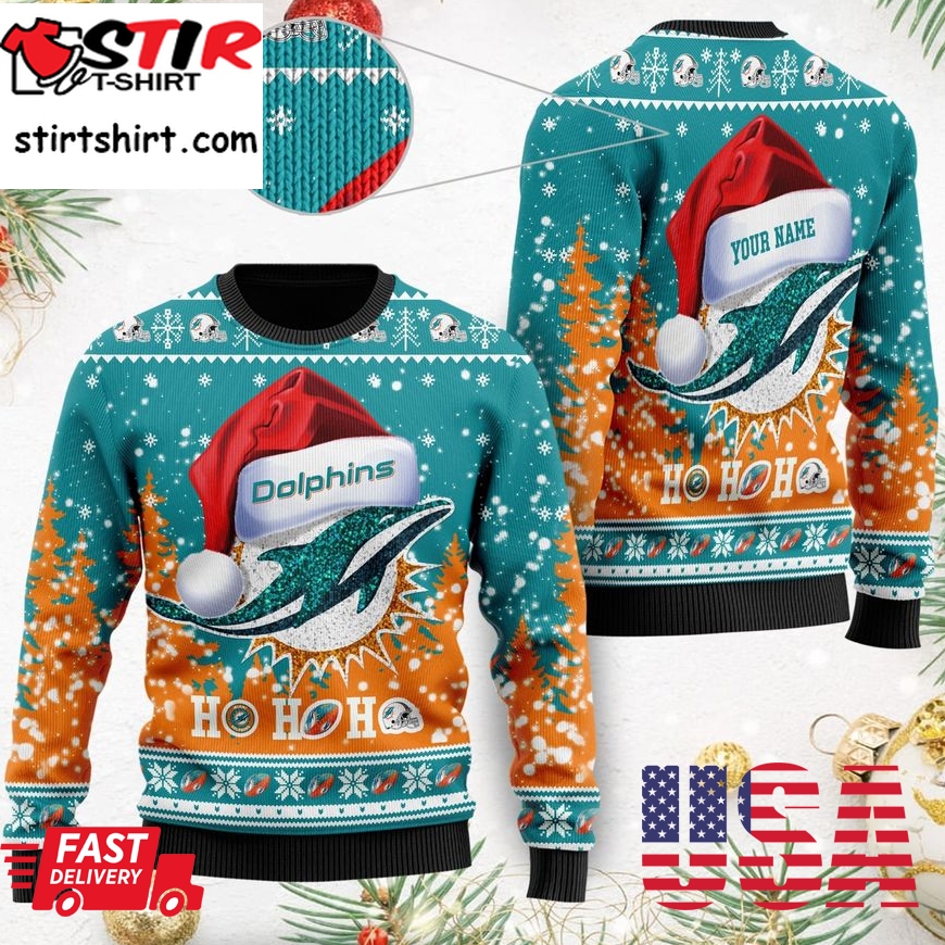 Miami Dolphins Symbol Wearing Santa Claus Hat Ho Ho Ho Custom Personalized Ugly Christmas Sweater, Christmas Sweaters, Hoodie, Sweatshirt, Sweater