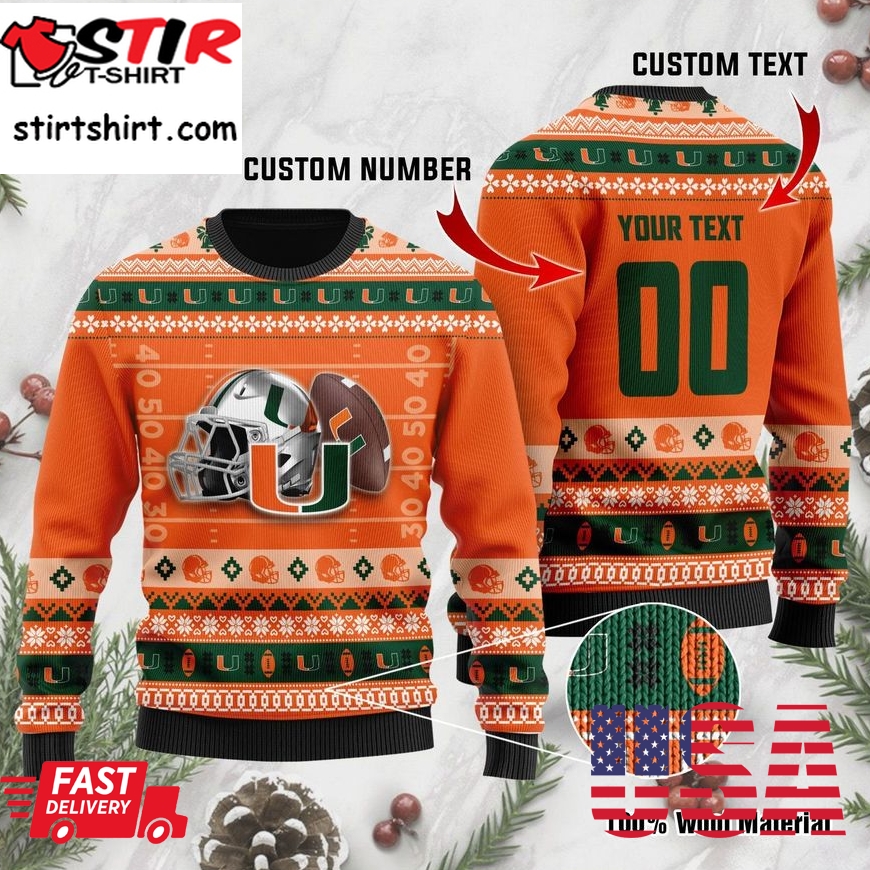 Miami Hurricanes Custom Name  Number Personalized Ugly Christmas Sweater