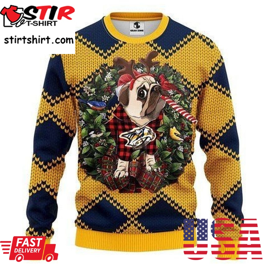 Nashville Predators Pug Dog For Unisex Ugly Christmas Sweater All
