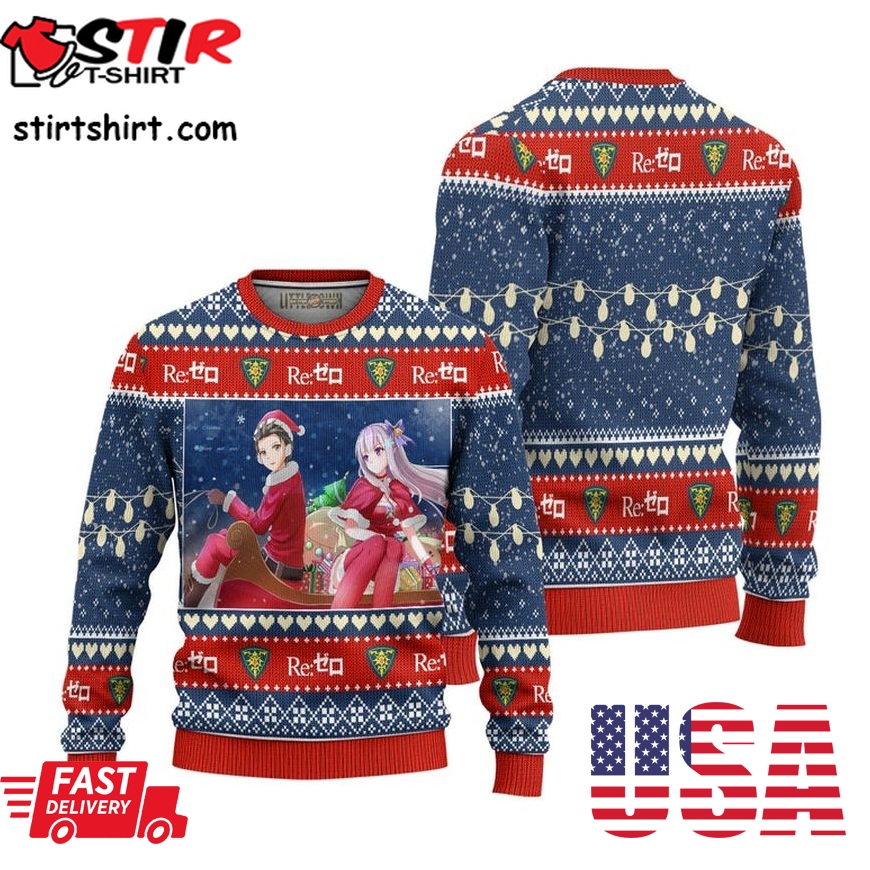Natsuki Subaru X Emilia Anime Ugly Christmas Sweater Custom Re Zero Xmas Gift