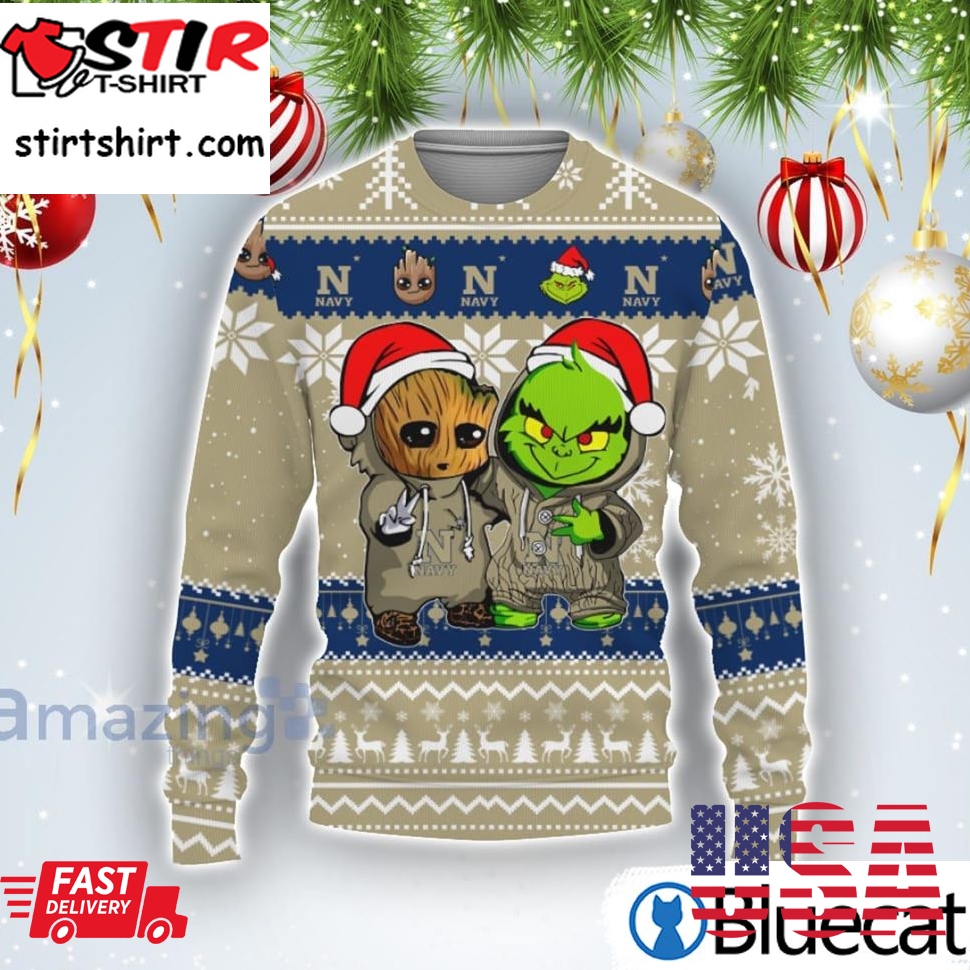Navy Midshipmen Baby Groot And Grinch Best Friends Football American Ugly Christmas Sweater