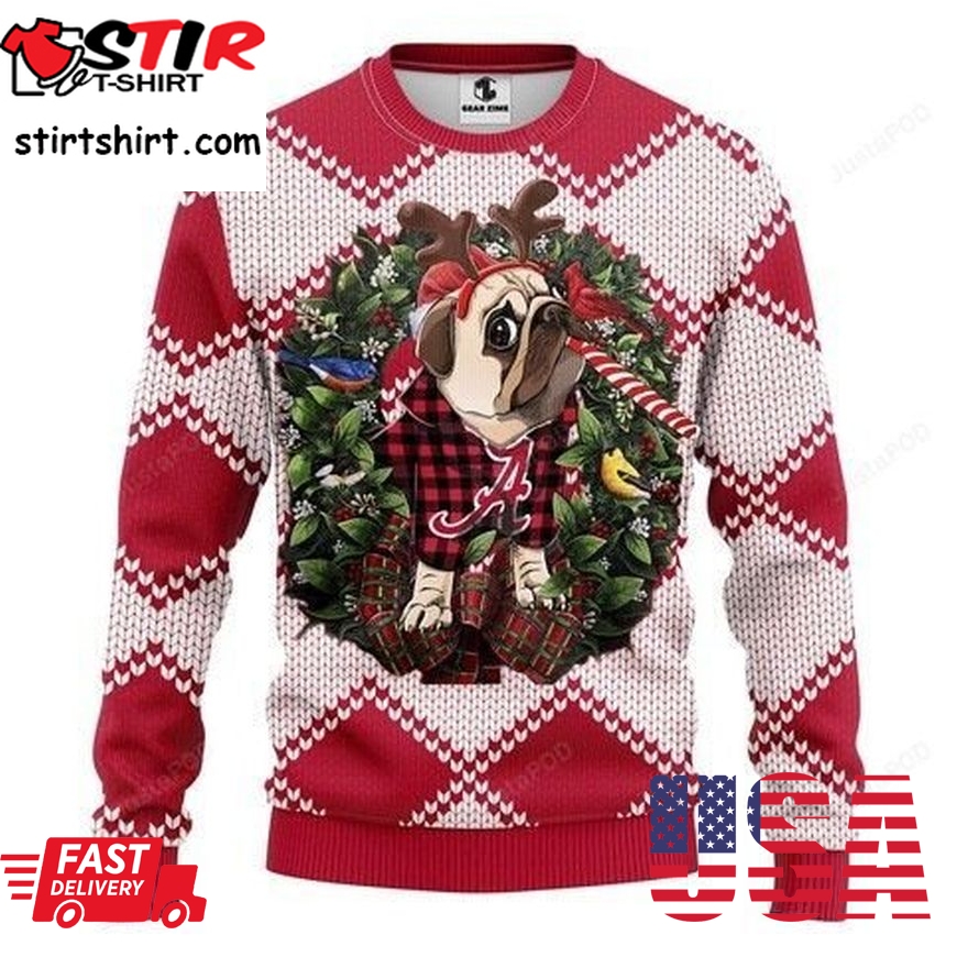 Ncaa Alabama Crimson Tide Pug Dog Candy Cane Ugly Christmas Sweater