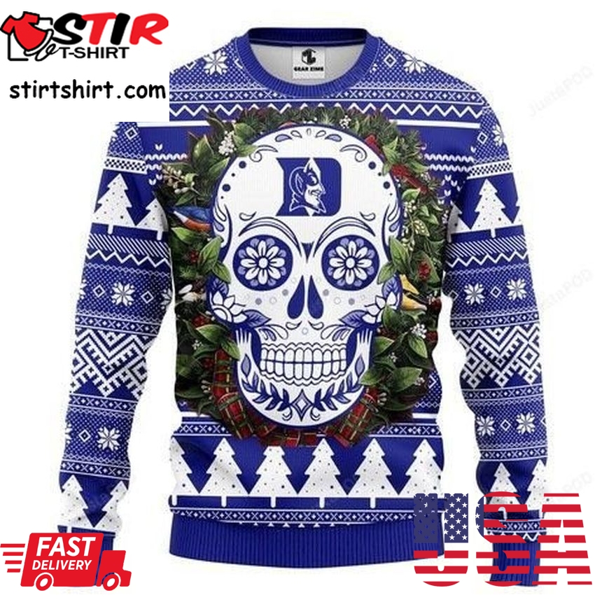 Ncaa Duke Blue Devils Skull Ugly Christmas Sweater All Over