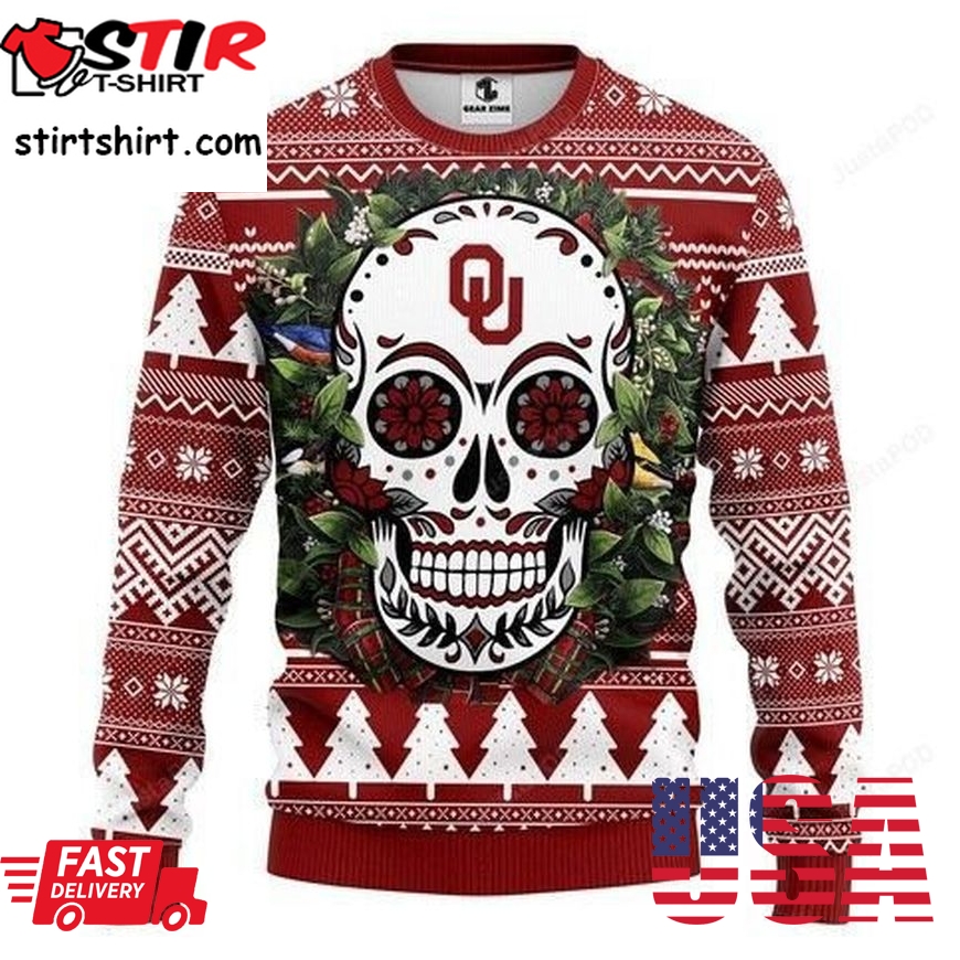 Ncaa Oklahoma Sooners Skull Flower Ugly Christmas Sweater All Over
