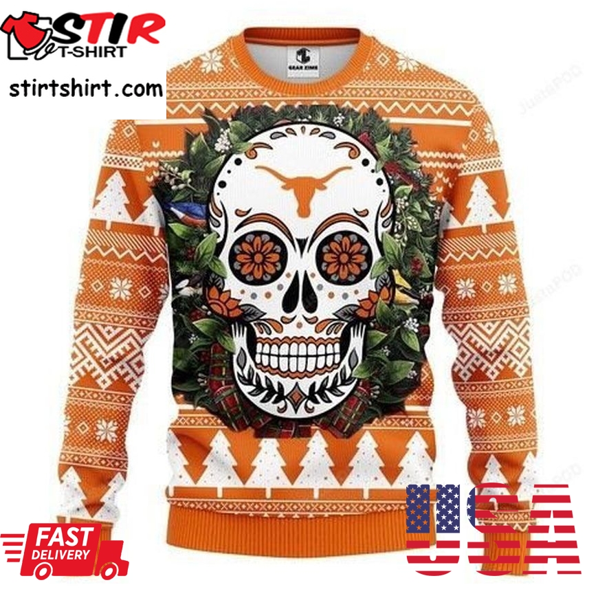 Ncaa Texas Longhorns Skull Flower Ugly Christmas Sweater All Over