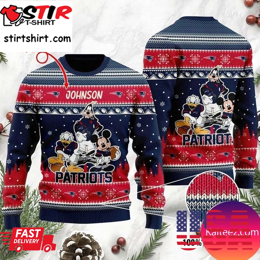 New England Patriots Disney Donald Duck Mickey Mouse Goofy Personalized Christmas Ugly Sweater