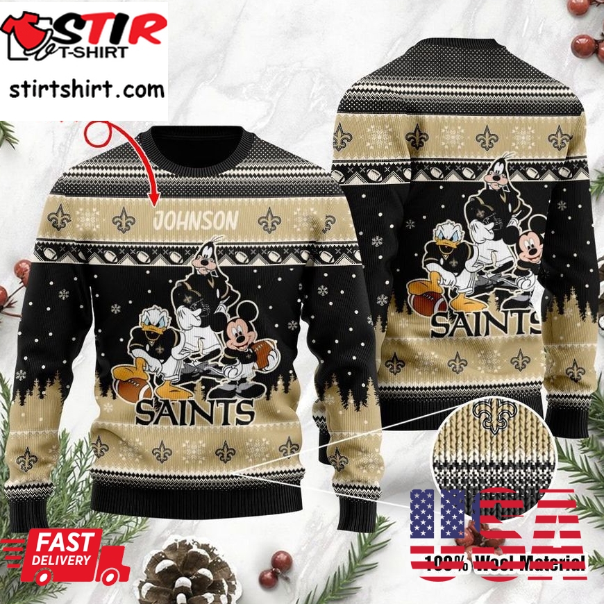 New Orleans Saints Disney Donald Duck Mickey Mouse Goofy Personalized Ugly Christmas Sweater, Christmas Sweaters, Hoodie, Sweatshirt, Sweater