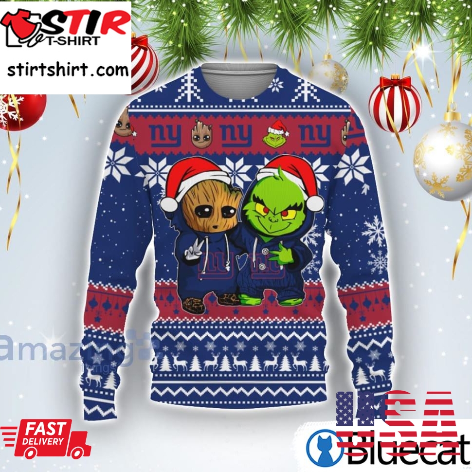New York Giants Baby Groot And Grinch Best Friends Football American Ugly Christmas Sweater