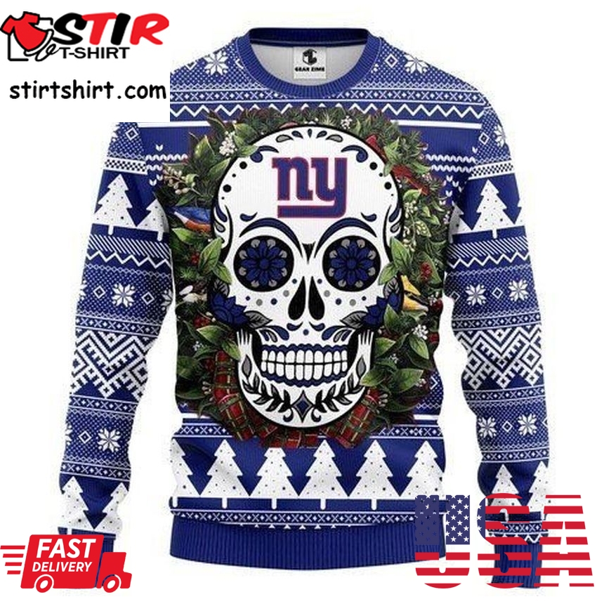 New York Giants Skull Flower Ugly Christmas Sweater All Over