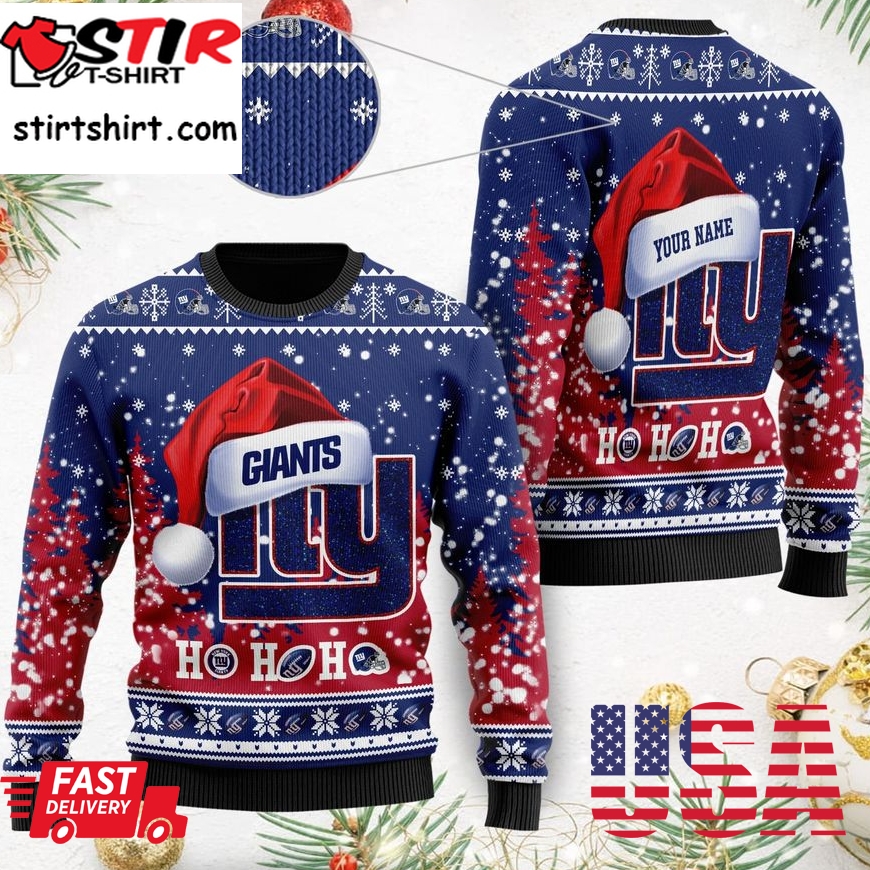 New York Giants Symbol Wearing Santa Claus Hat Ho Ho Ho Custom Personalized Ugly Christmas Sweater, Christmas Sweaters, Hoodie, Sweatshirt, Sweater