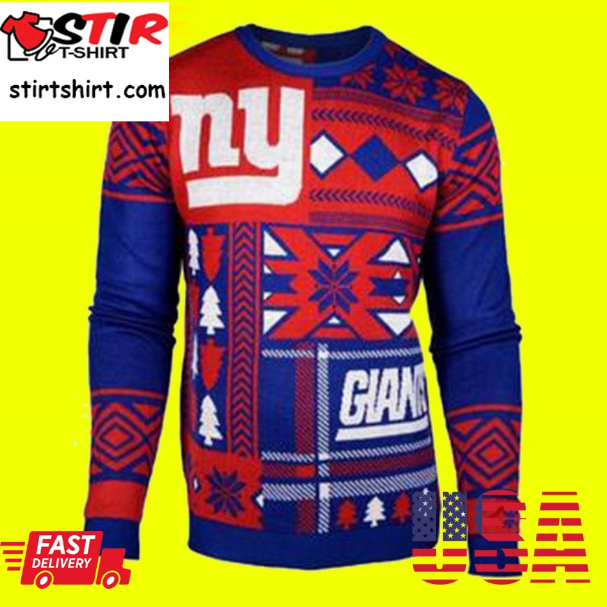 New York Giants Ugly Christmas Sweater Nfl Nyc Patches Football Xmas Crew Neck