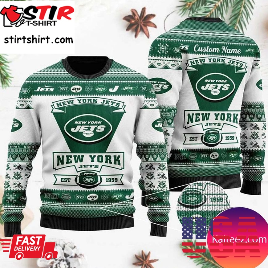 New York Jets Football Team Logo Custom Name Personalized Christmas Ugly Sweater