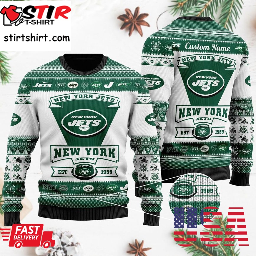 New York Jets Football Team Logo Custom Name Personalized Ugly Christmas Sweater, Ugly Sweater, Christmas Sweaters, Hoodie, Sweatshirt, Sweater