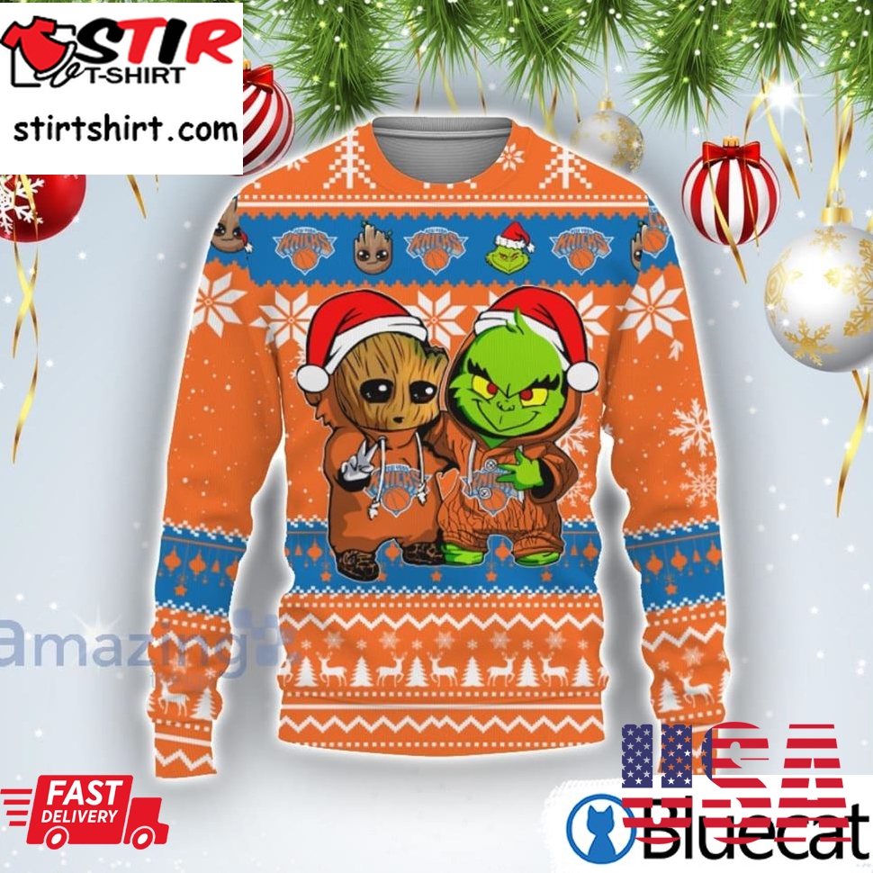 New York Knicks Baby Groot And Grinch Best Friends Football American Ugly Christmas Sweater