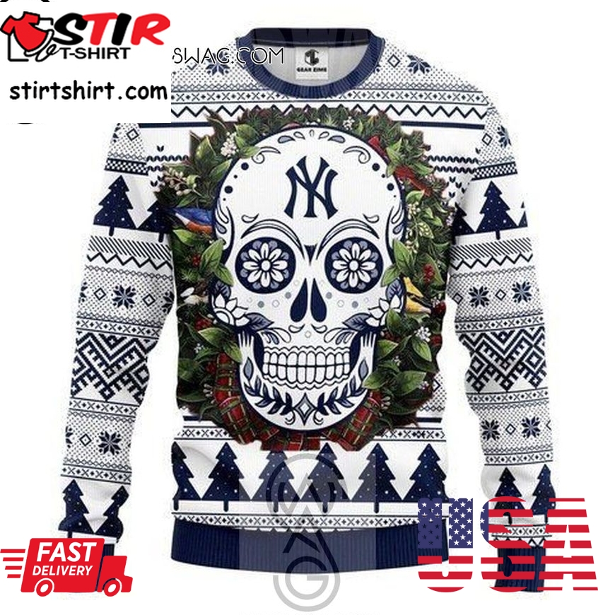 New York Yankees Sugar Skull Knitting Pattern Ugly Christmas Sweater