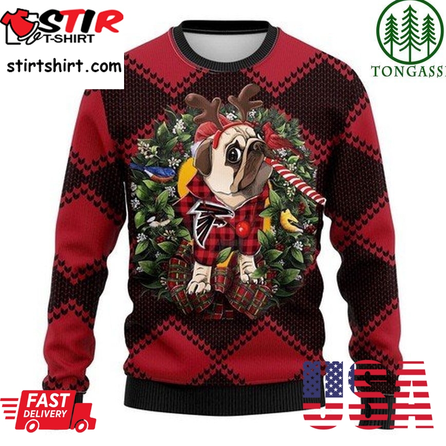 Nfl Atlanta Falcons Pug Dog And Candy Cane Christmas Ugly Sweater