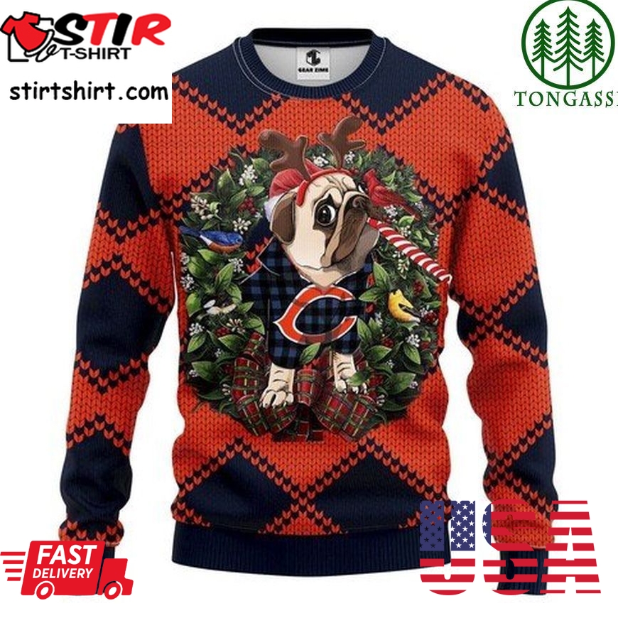 Nfl Chicago Bears Pug Dog And Candy Cane Christmas Ugly Sweater