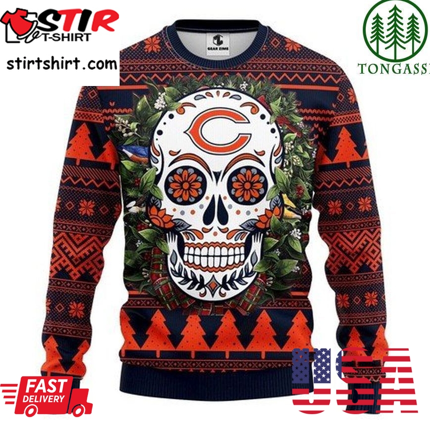 Nfl Chicago Bears Skull Flower Christmas Ugly Sweater