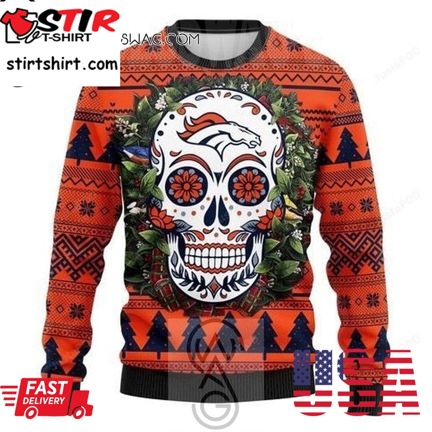 Nfl Denver Broncos Sugar Skull Knitting Pattern Ugly Christmas Sweater