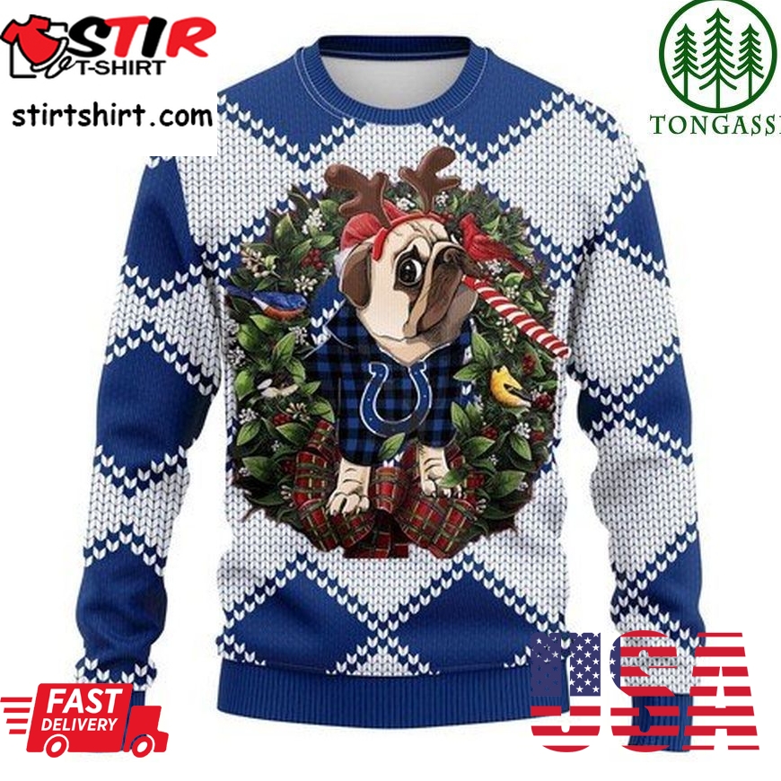 Nfl Indianapolis Colts Pug Dog And Candy Cane Christmas Ugly Sweater