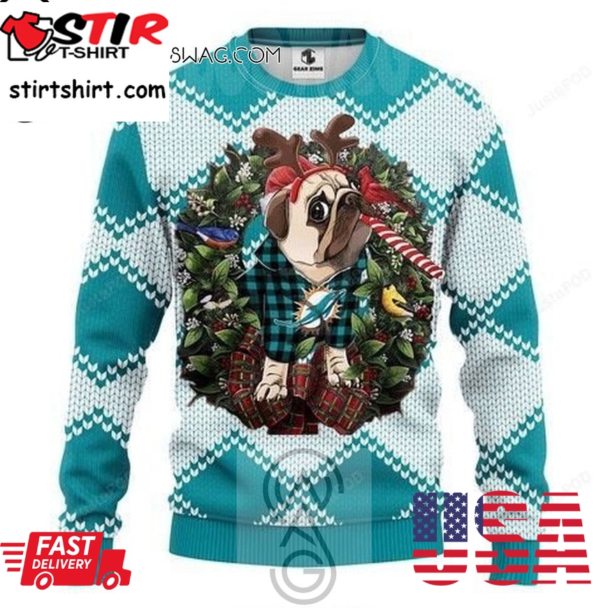 Nfl Miami Dolphins Pug Dog Knitting Pattern Ugly Christmas Sweater