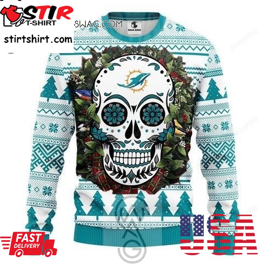 Nfl Miami Dolphins Sugar Skull Knitting Pattern Ugly Christmas Sweater