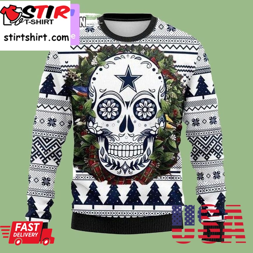Nfl Skull Flower 3D Ugly Christmas Sweatshirt Xmas Dallas Cowboys