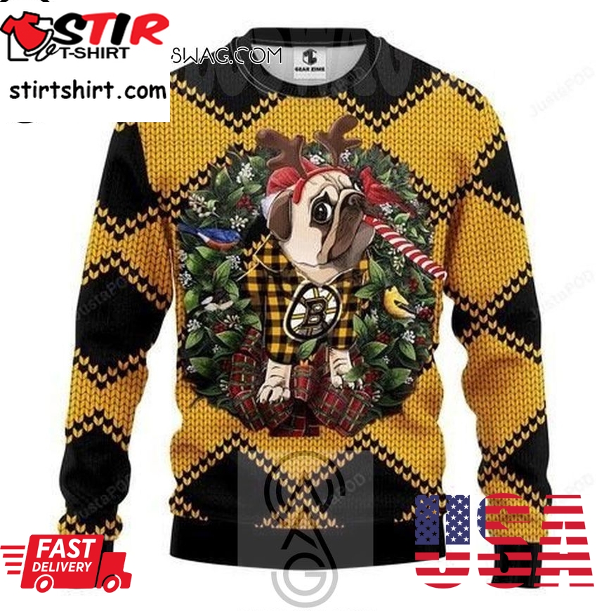 Nhl Boston Bruins Pug Dog Knitting Pattern Ugly Christmas Sweater