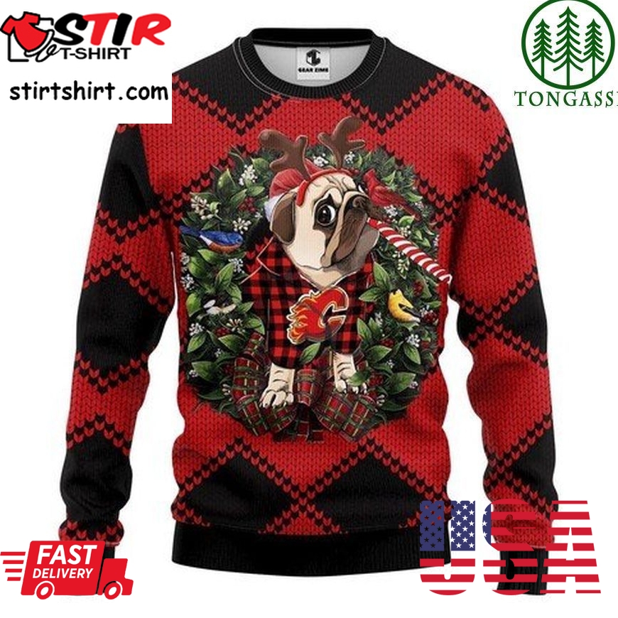 Nhl Calgary Flames Pug Dog And Candy Cane Christmas Ugly Sweater