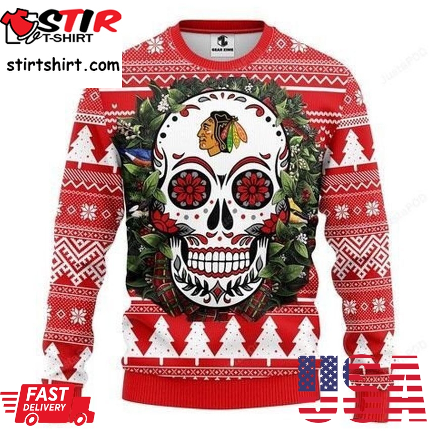 Nhl Chicago Blackhawks Skull Flower Ugly Christmas Sweater All Over