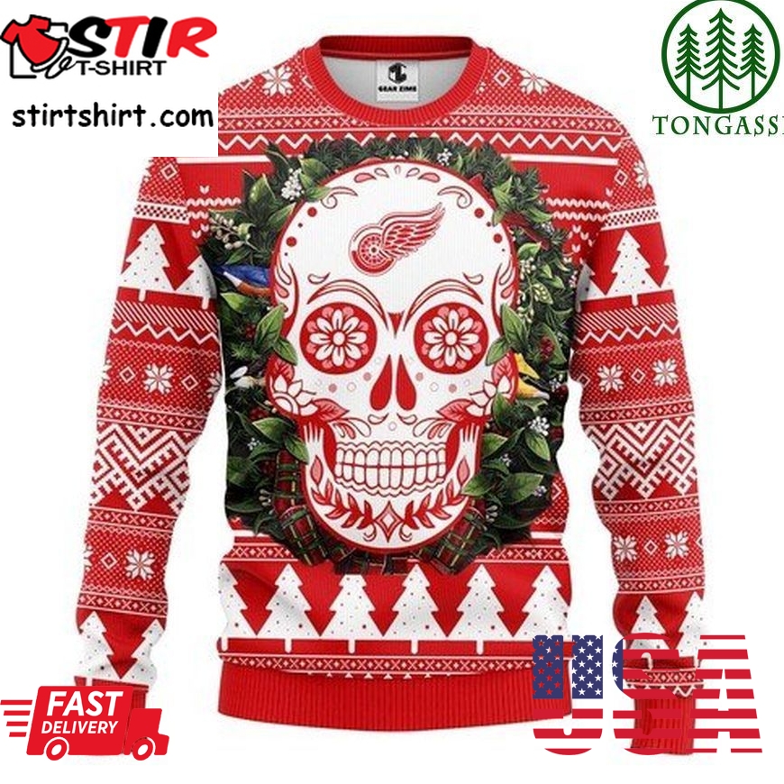 Nhl Detroit Red Wings Skull Flower Christmas Ugly Sweater