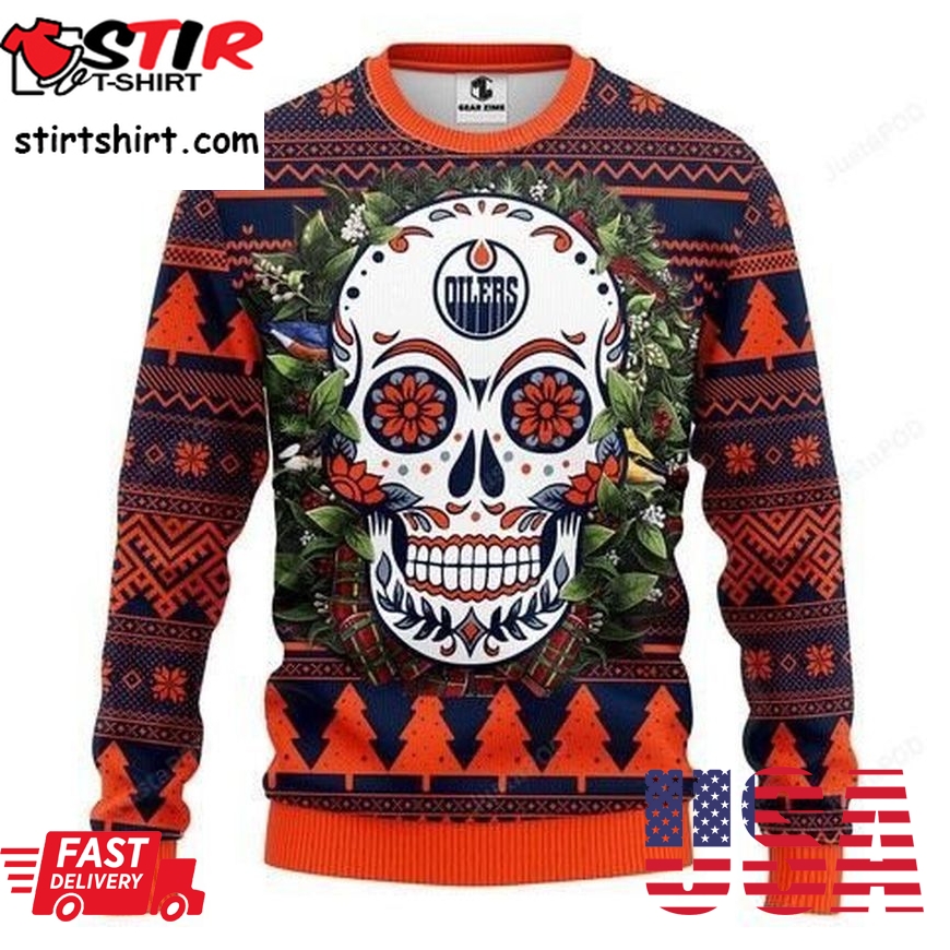 Nhl Edmonton Oilers Skull Flower Ugly Christmas Sweater All Over