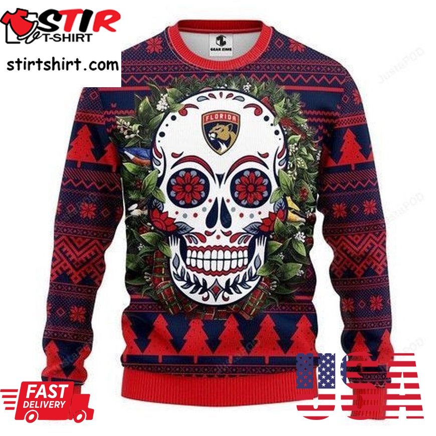 Nhl Florida Panthers Skull Flower Ugly Christmas Sweater All Over