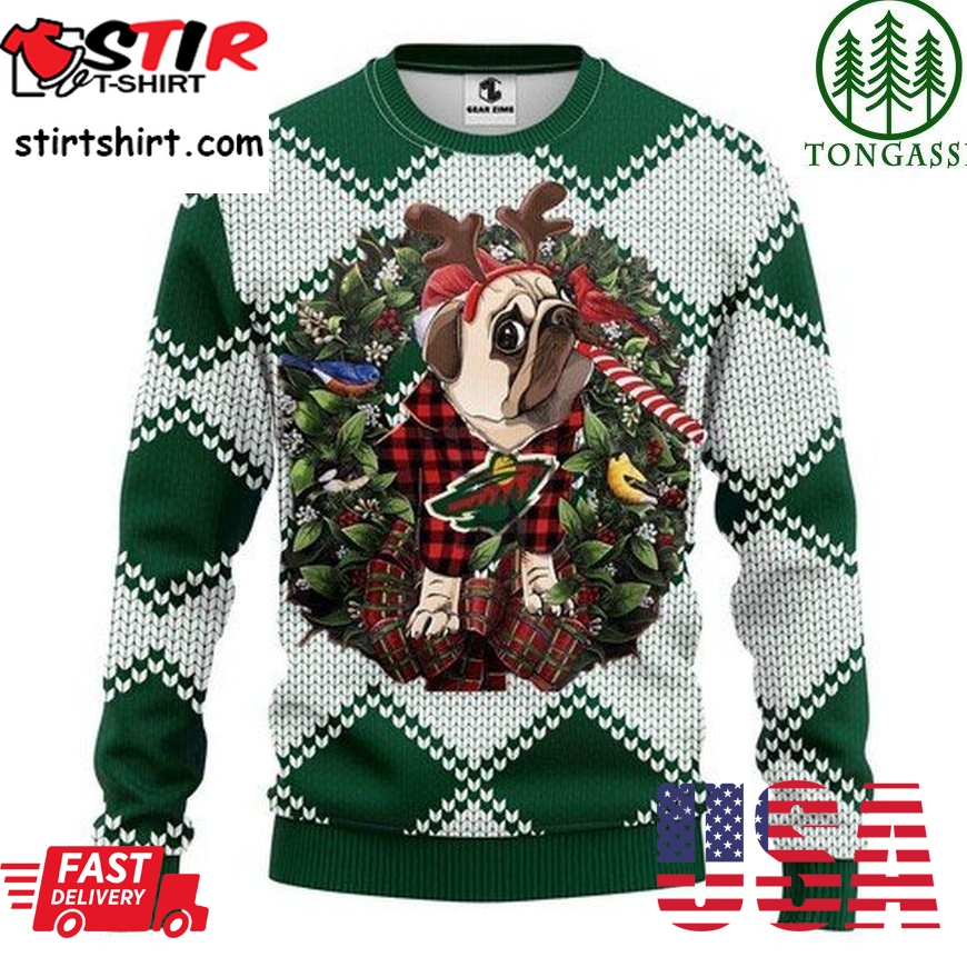 Nhl Minnesota Wild Pug Dog And Candy Cane Christmas Ugly Sweater
