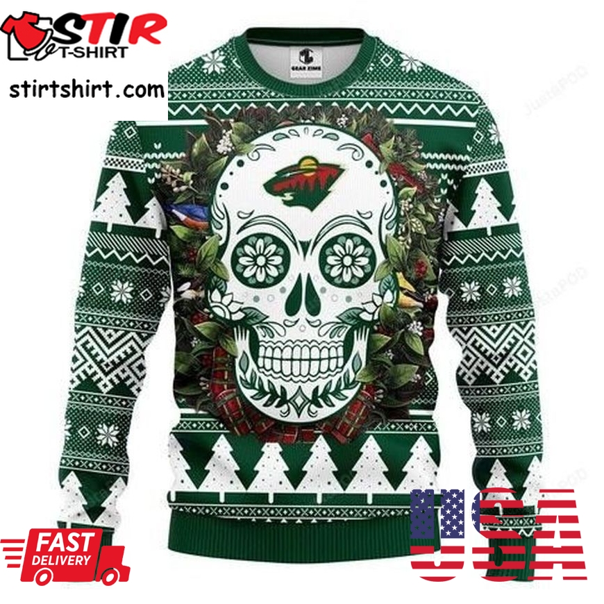 Nhl Minnesota Wild Skull Flower Ugly Christmas Sweater All Over