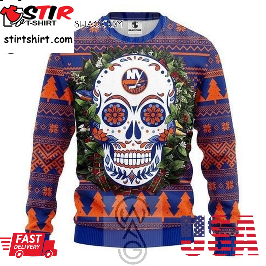 Nhl New York Islanders Sugar Skull Knitting Pattern Ugly Christmas Sweater