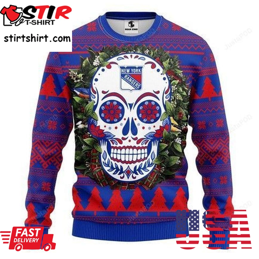 Nhl New York Rangers Skull Ugly Christmas Sweater All Over