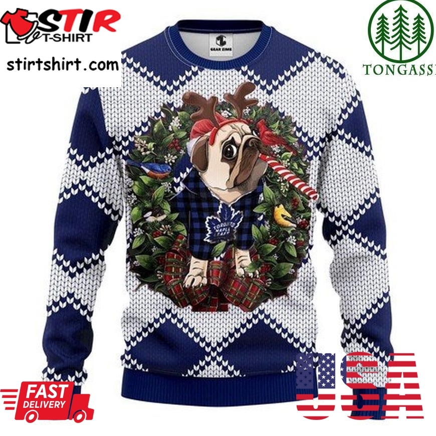 Nhl Toronto Maple Leafs Pug Dog And Candy Cane Christmas Ugly Sweater