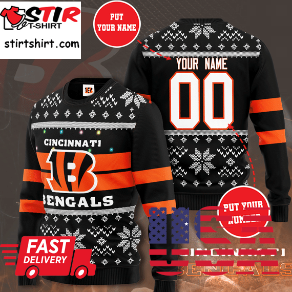 Personalized Custom Name And Number Cincinnati Bengals For Fans Ugly Christmas Sweater, All Over Print Sweatshirtpng