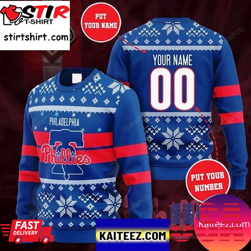 Personalized Custom Name And Number Philadelphia Phillies Christmas Ugly Sweater
