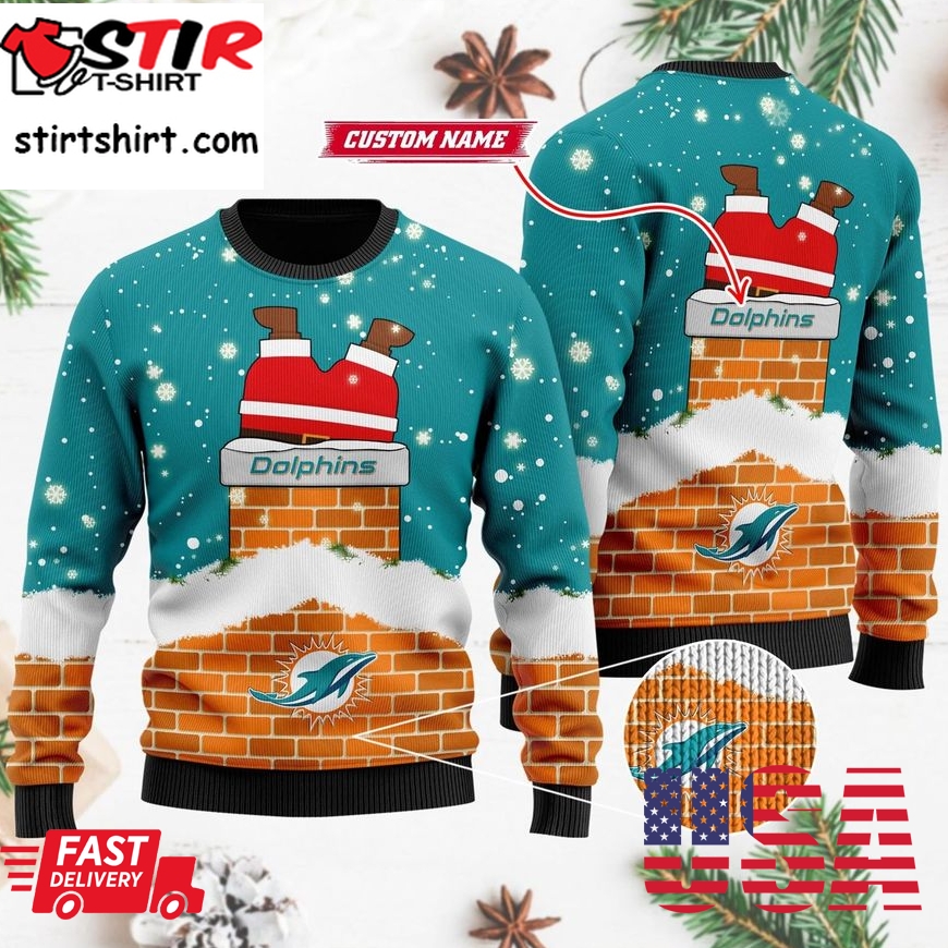 Personalized Miami Dolphins Football Santa Claus 3D Ugly Christmas Sweater