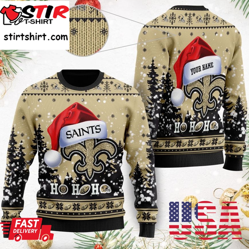 Personalized New Orleans Saints Symbol Wearing Santa Claus Hat Ho Ho Ho Ugly Sweater